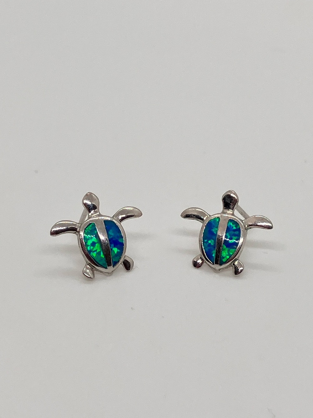 925 Sterling Silver Simulated Blue Green Fire Opal Sea Turtle Earrings